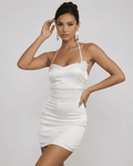 Floria Mini Dress by Lauven, floral halter neckline, white high-waist silhouette for women, sleeveless design.