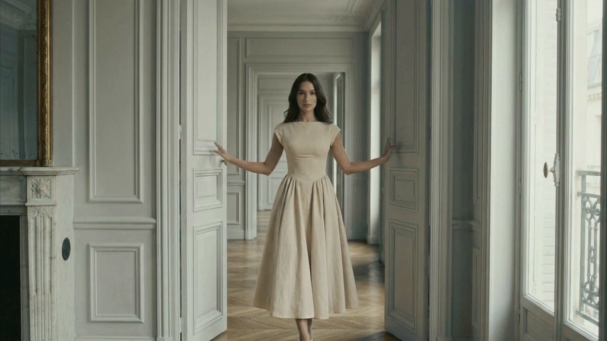 Lauven hero video opening frame — woman in a cream midi dress in a Parisian apartment