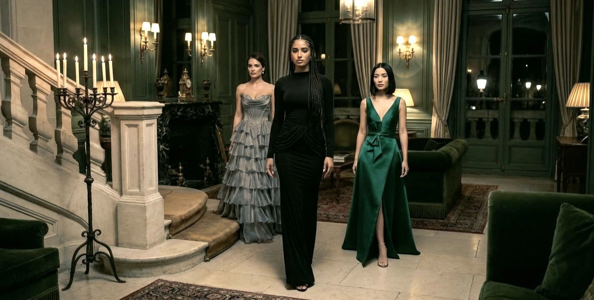 Lauven evening hero video opening frame — three women in evening dresses on a grand staircase