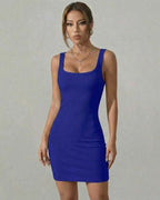 Indigo Mini Dress by Lauven in vibrant blue ribbed knit fabric, showcasing a sleek silhouette and square neckline.