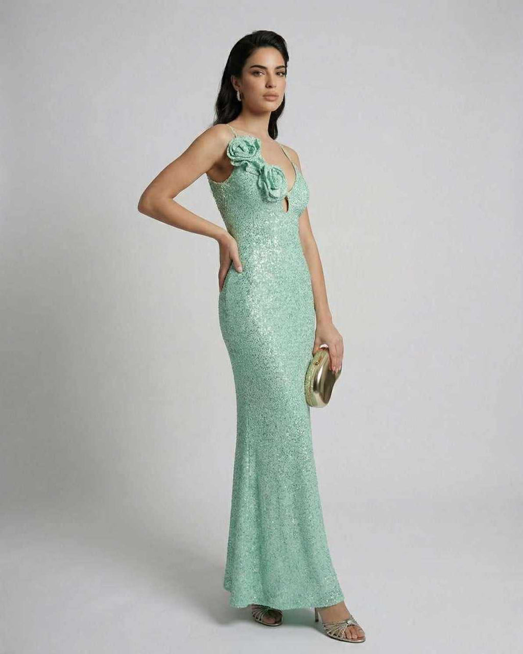 Isla Maxi Dress by Lauven in mint green sequins, featuring floral detail and spaghetti straps, perfect for spring occasions.
