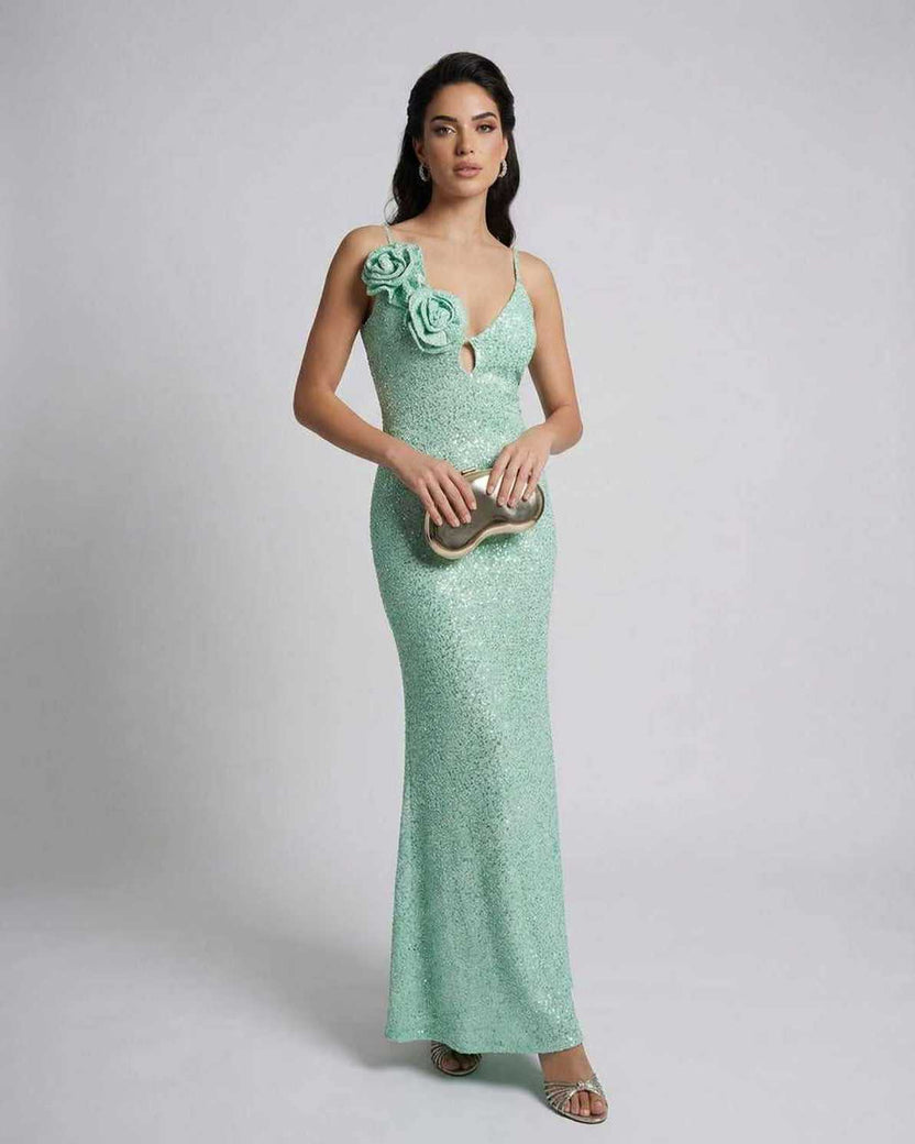 Isla Maxi Dress by Lauven - Mint green sequin ankle-length sheath dress with floral detail and spaghetti straps.