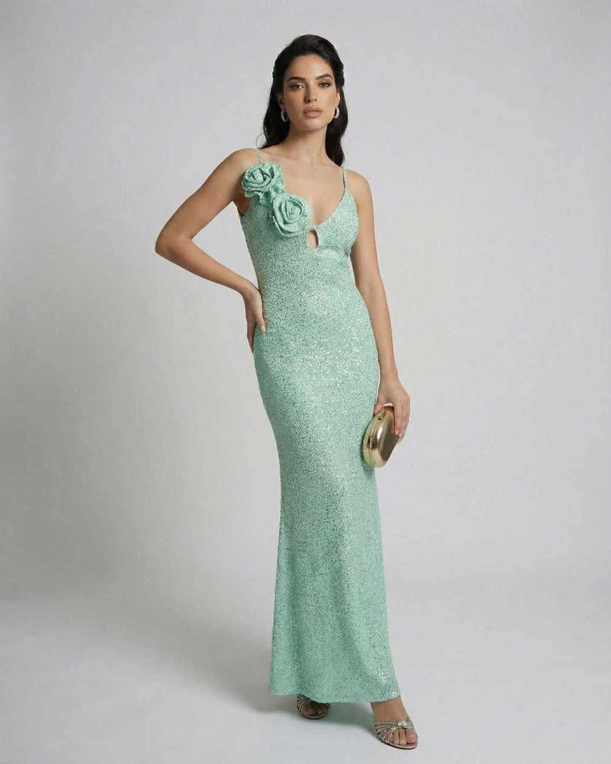 Isla Maxi Dress by Lauven, mint green sequin ankle-length sheath dress with floral detail and spaghetti straps.