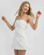 Isla Mini Dress by Lauven, elegant strapless sheath dress with ruffle details, perfect for a chic summer look.