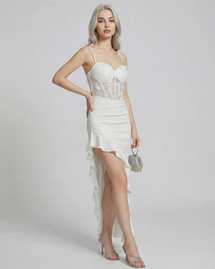 Isolde Maxi Dress by Lauven - Asymmetrical white dress with lace corset bodice and high-low hem.