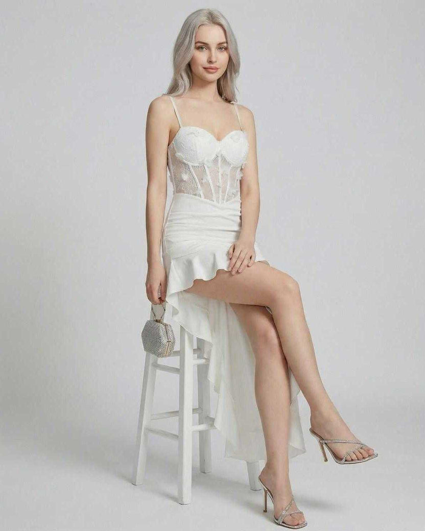 Isolde Maxi Dress by Lauven, featuring an asymmetrical white design with lace corset bodice and high-low hem.