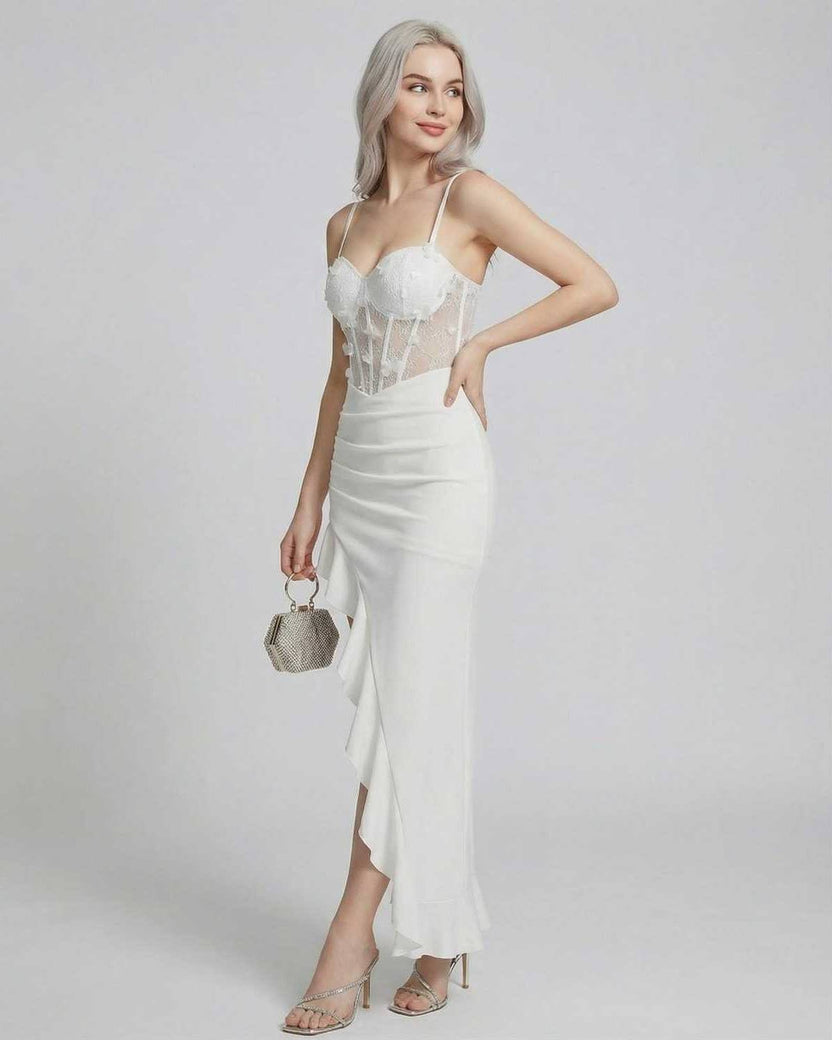 Isolde Maxi Dress by Lauven, asymmetrical white dress with lace corset bodice and high-low hem.