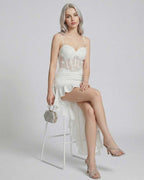 Elegant Isolde Maxi Dress by Lauven featuring a lace corset bodice and asymmetrical high-low hem.