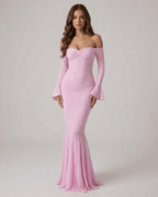 Isolde Maxi Dress by Lauven - Off-the-shoulder lace mermaid maxi in pink with long sleeves.