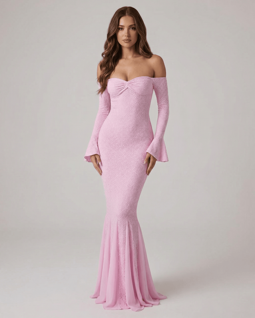 Isolde Maxi Dress by Lauven - Off-the-shoulder lace mermaid maxi in pink with long sleeves.