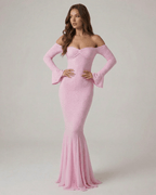 Isolde Maxi Dress by Lauven - Off-the-shoulder lace mermaid dress in pink with long sleeves and a sculpted silhouette.