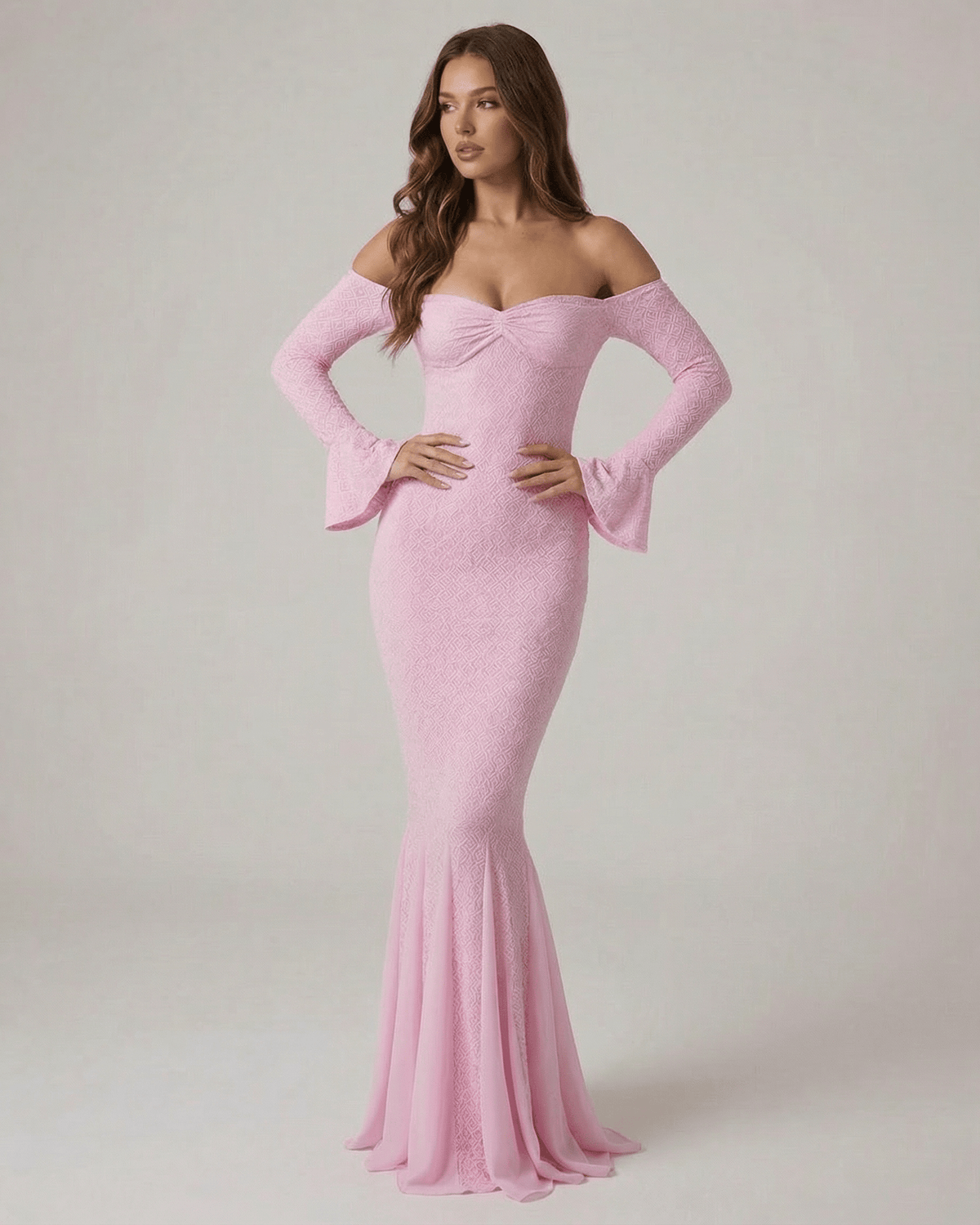 Isolde Maxi Dress by Lauven - Off-the-shoulder lace mermaid dress in pink with long sleeves and a sculpted silhouette.