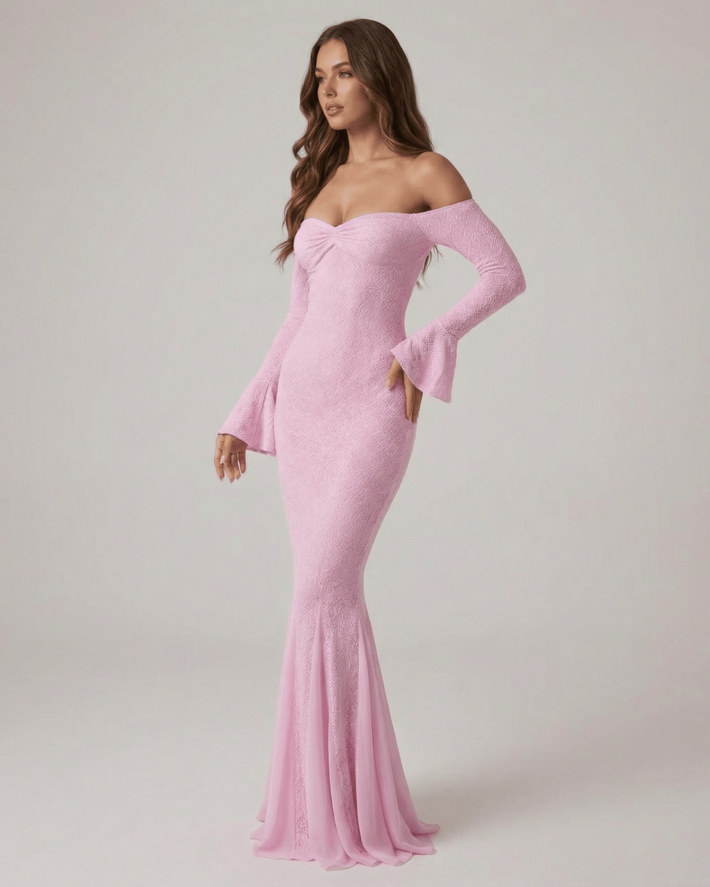 Isolde Maxi Dress by Lauven - Off-the-shoulder lace mermaid maxi dress in pink with long sleeves.