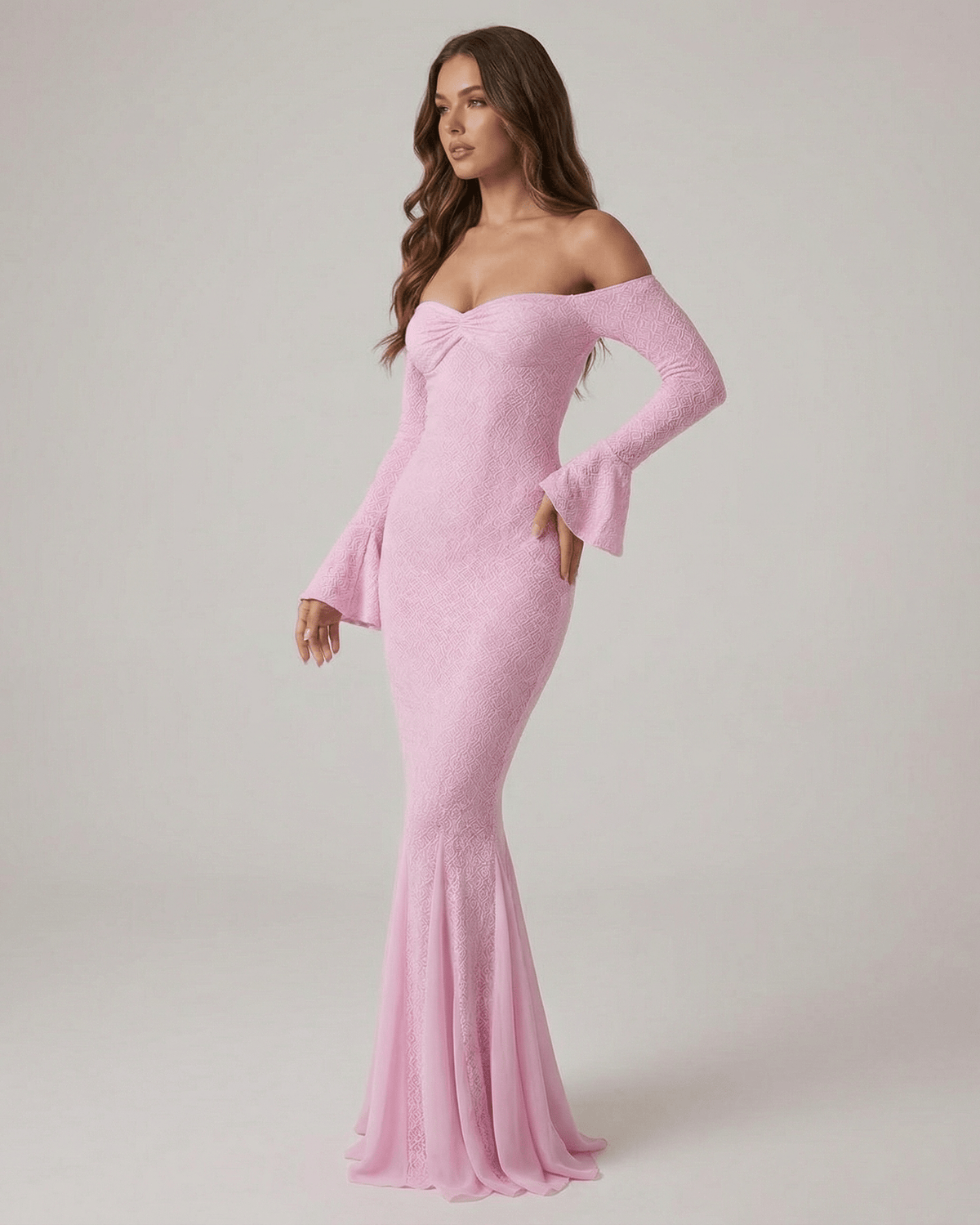 Isolde Maxi Dress by Lauven - Off-the-shoulder lace mermaid maxi dress in pink with long sleeves.