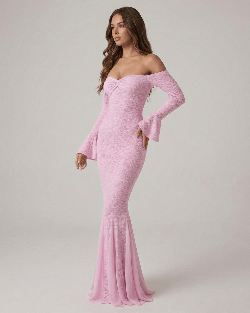 Isolde Maxi Dress by Lauven - Off-the-shoulder lace mermaid maxi dress in pink with long sleeves.