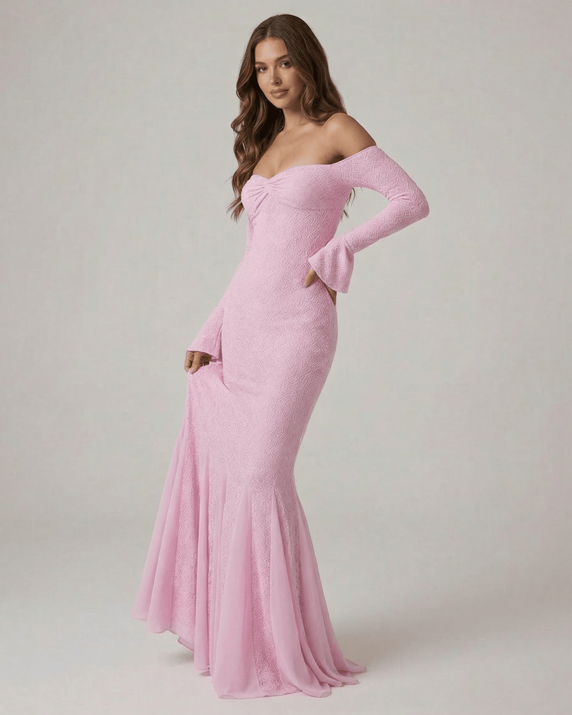 Isolde Maxi Dress by Lauven, off-the-shoulder lace mermaid design in pink with long sleeves.