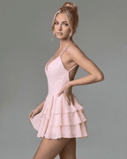 Isolde Mini Dress by Lauven - V-Neck Spaghetti Strap Ruffle Party Mini Dress in Pink