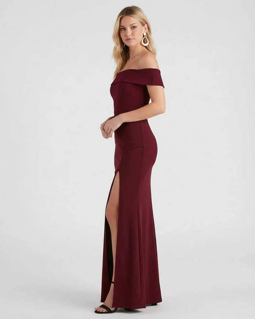 Kaia Maxi Dress by Lauven - Elegant off-the-shoulder crepe knit dress in burgundy with leg slit.