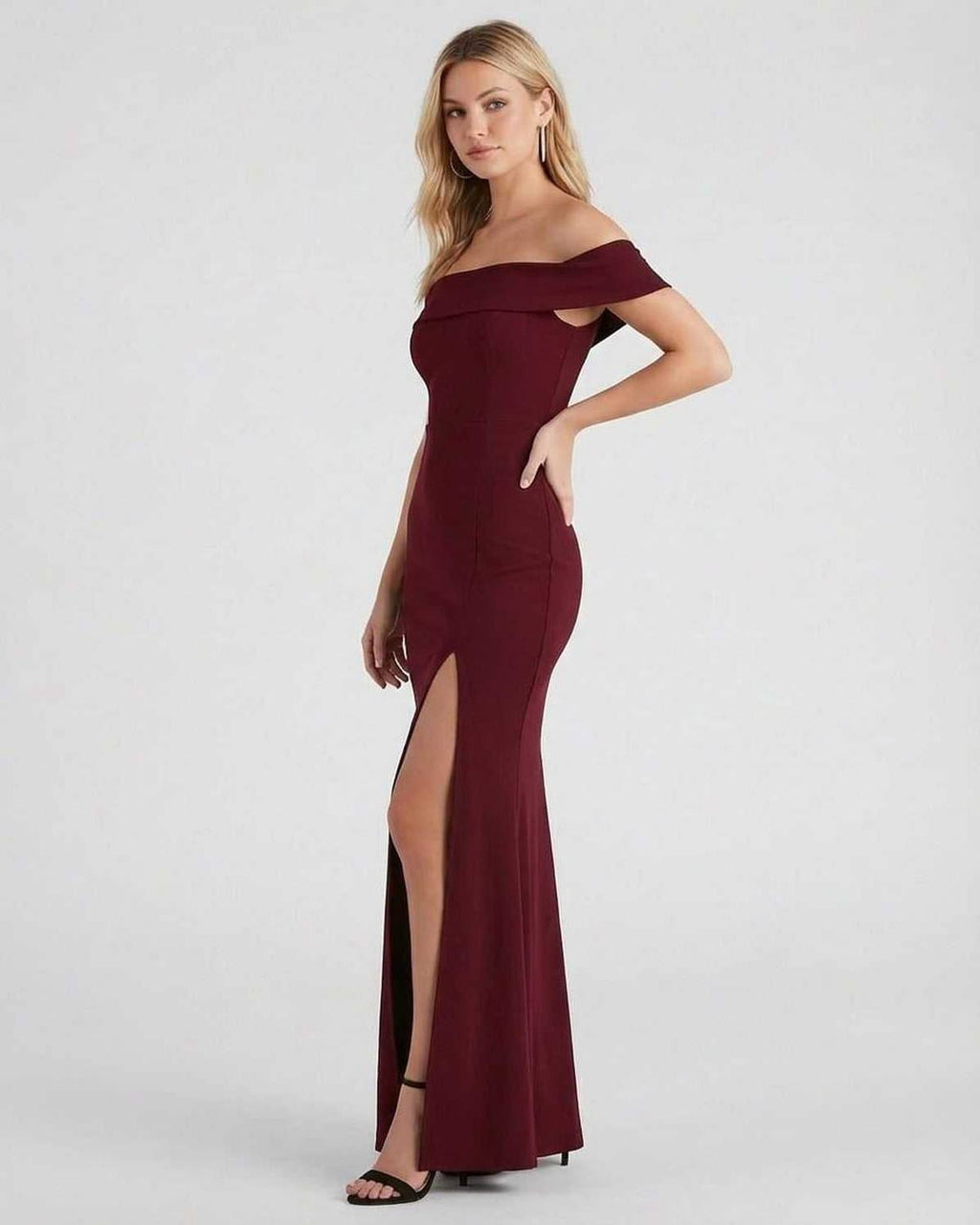 Kaia Maxi Dress by Lauven - Elegant off-the-shoulder crepe knit dress with a high slit.