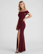 Kaia Maxi Dress by Lauven - Elegant off-the-shoulder crepe knit dress with a high slit.