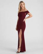 Kaia Maxi Dress by Lauven in burgundy, featuring an elegant off-the-shoulder design and a sleek thigh-high slit.