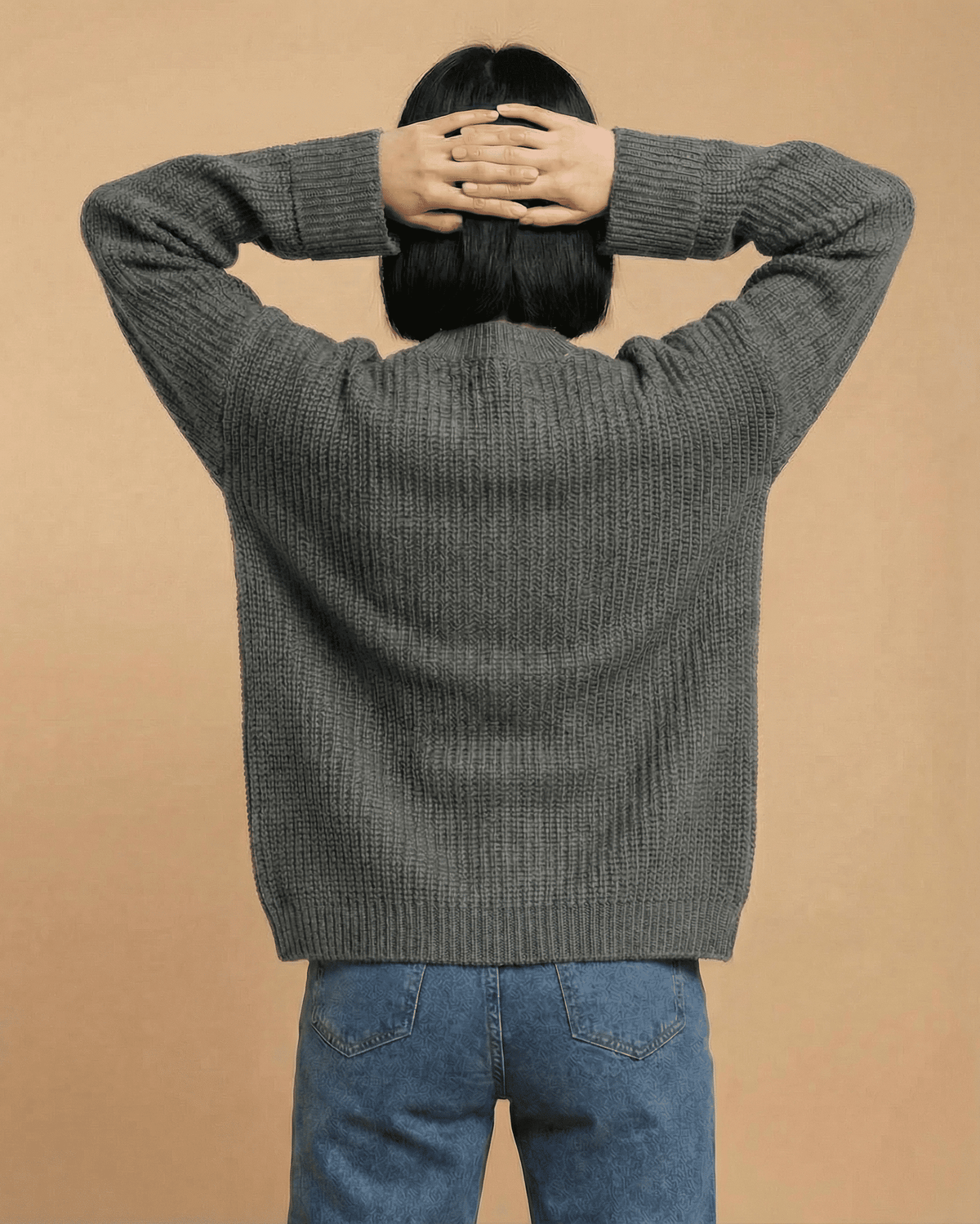 Linden Cardigan by Lauven, relaxed V-neck color block knit, showcasing comfortable back view.