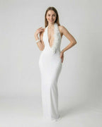 Lumière Maxi Dress by Lauven - white deep V neck backless maxi dress with sculptural 3D floral detail.