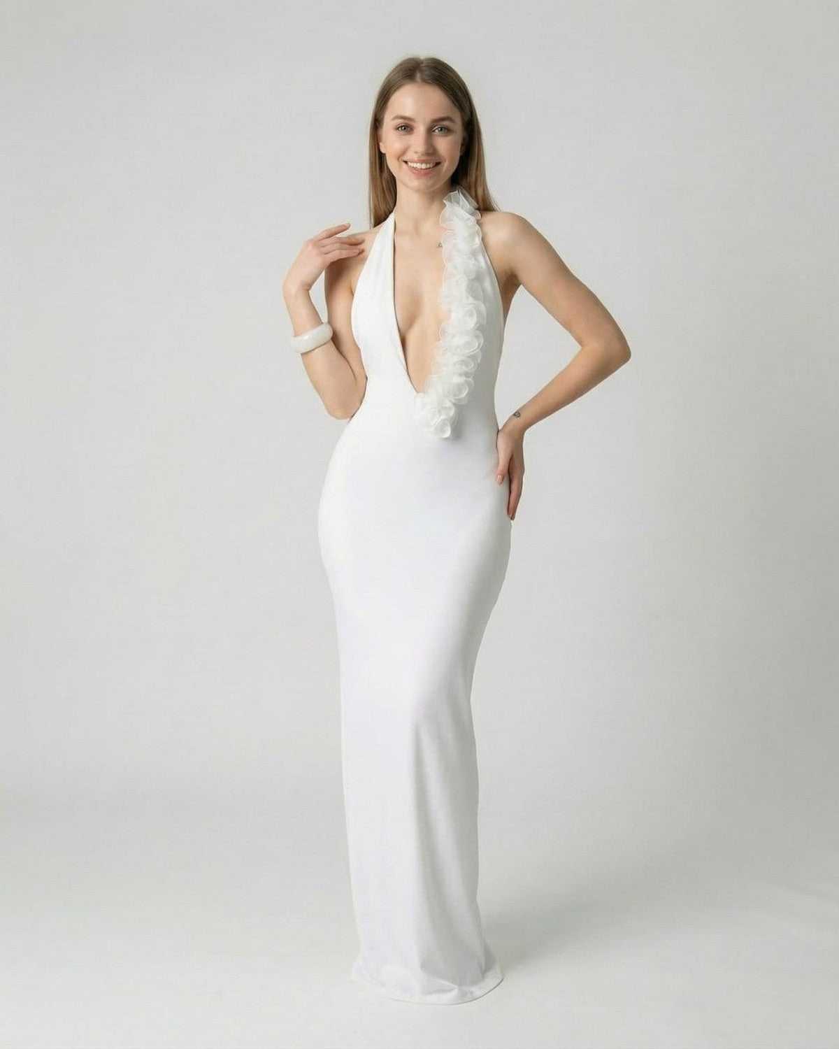 Lumière Maxi Dress by Lauven - white deep V neck backless maxi dress with sculptural 3D floral detail.