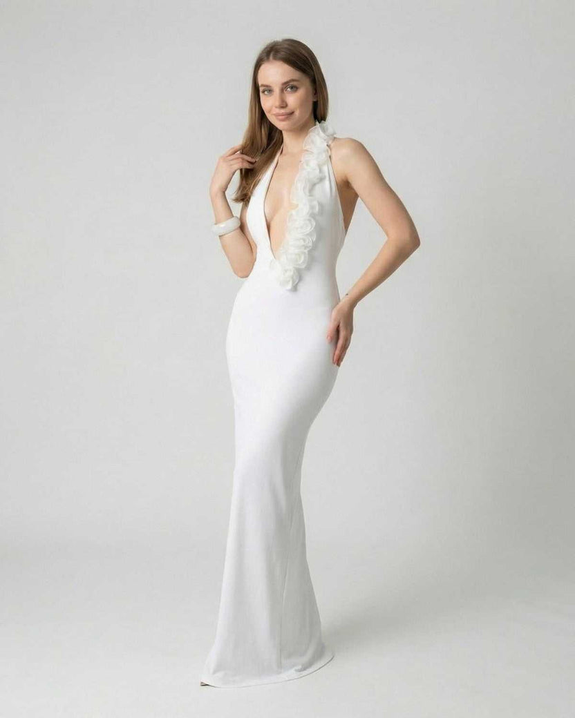 Lumière Maxi Dress by Lauven, elegant white deep V neck backless dress with 3D floral detail.
