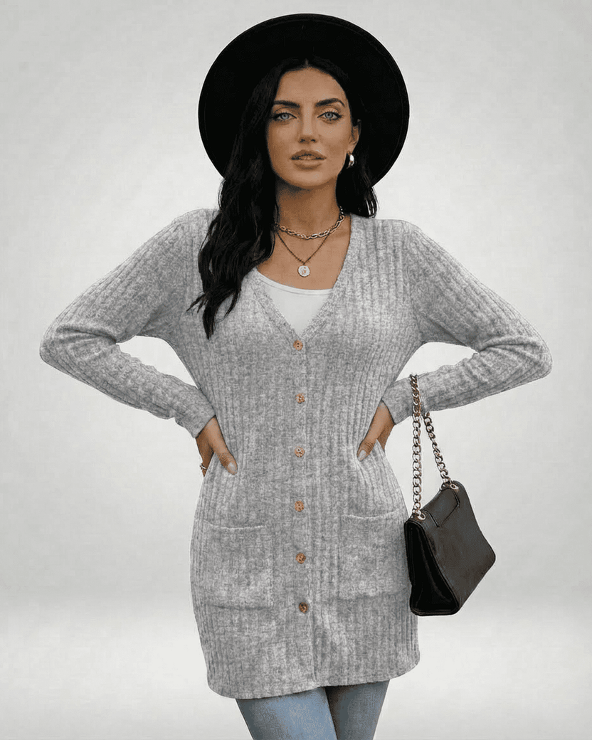 Luna Cardigan by Lauven, showcasing a stylish longline button-front design with ribbed knit texture.