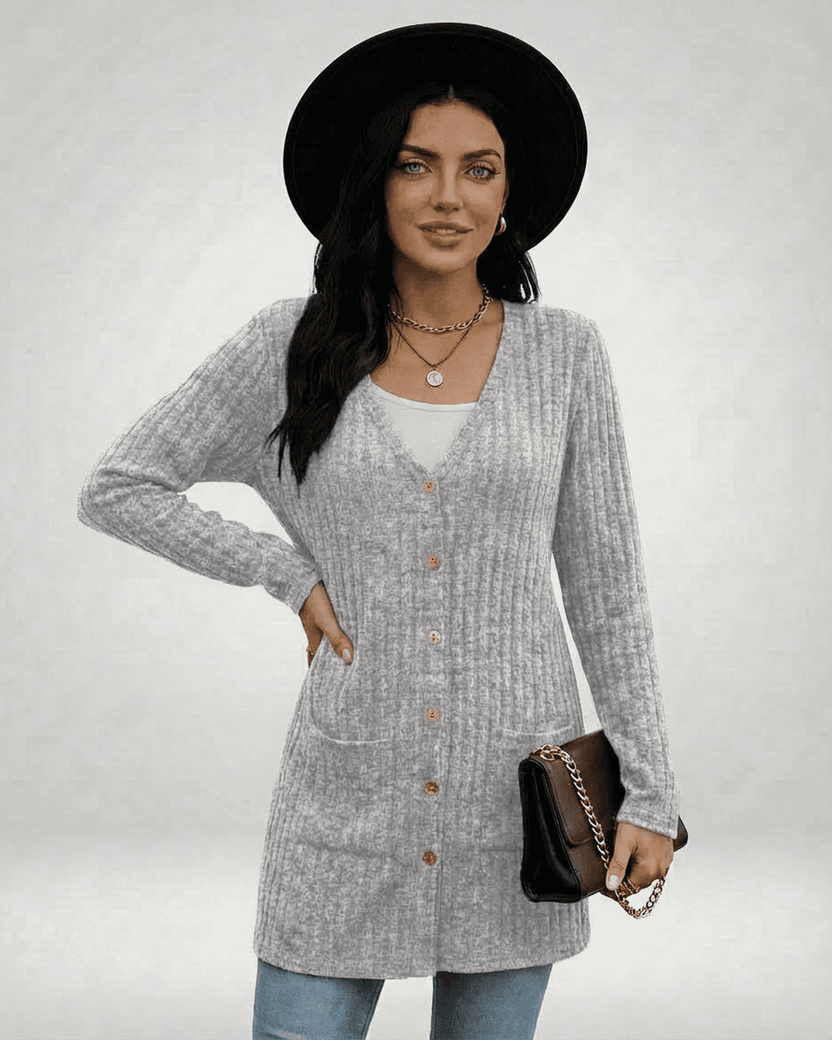 Lauven Luna Cardigan in gray, longline button-front knitwear with a V-neckline and ribbed texture.