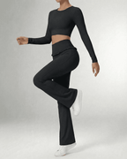 Luna Leggings by Lauven, sleek black flare pants with pockets, perfect for active and casual wear.