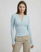 Luna Long Sleeve – Lauven women’s blue long sleeve top with a slim fit ribbed viscose design and button placket.
