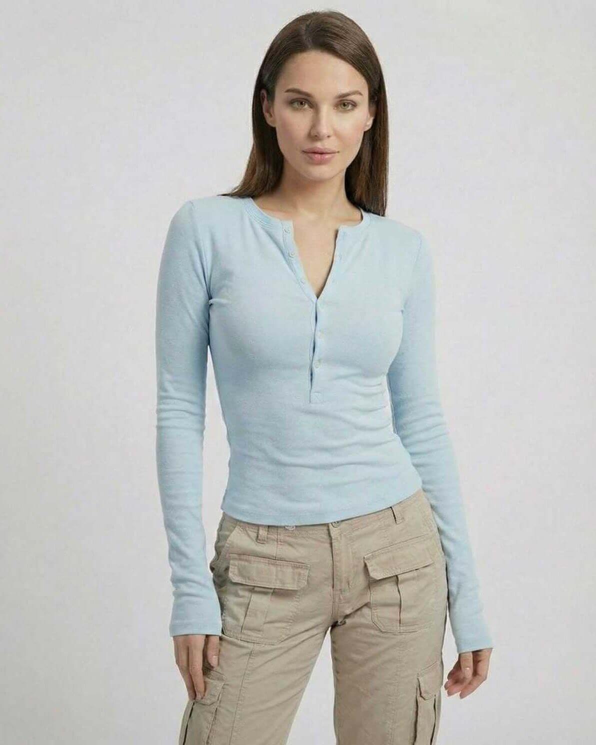 Luna Long Sleeve – Lauven women’s blue long sleeve top with a slim fit ribbed viscose design and button placket.
