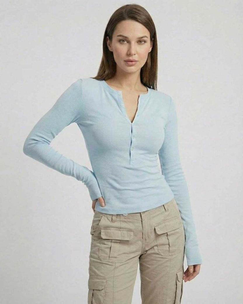 Luna Long Sleeve by Lauven – Women's blue long sleeve top with ribbed viscose design and slim fit silhouette.