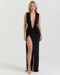 Luna Maxi Dress by Lauven - Asymmetrical V-neck with high slit in black for an elegant look.
