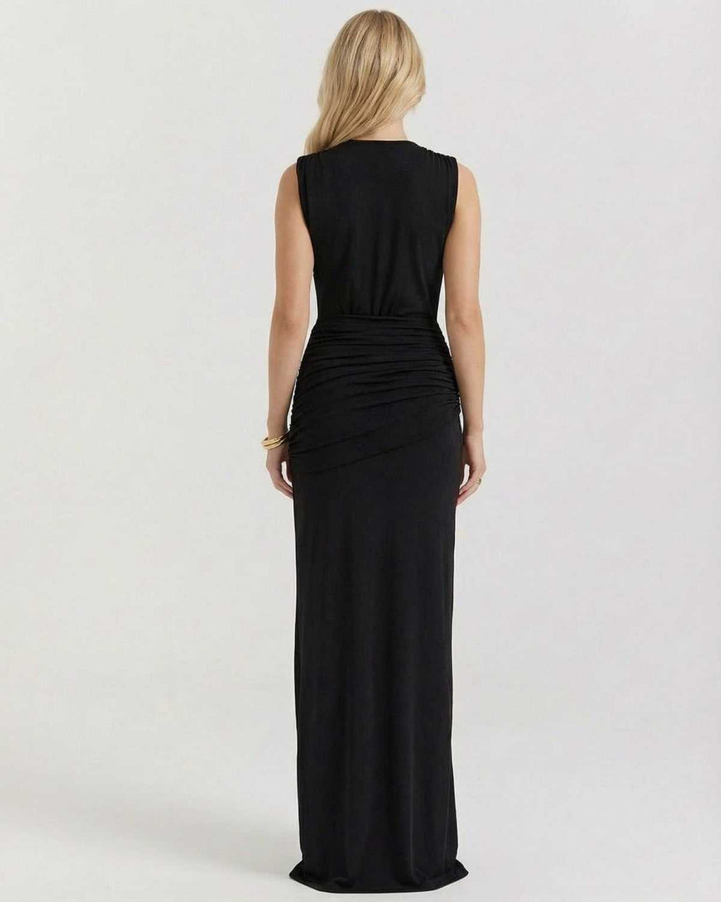 Luna Maxi Dress by Lauven, showcasing the elegant back view with gathered detail and sleek silhouette.