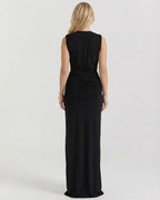Luna Maxi Dress by Lauven, showcasing the elegant back view with gathered detail and sleek silhouette.