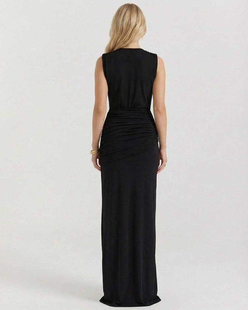 Luna Maxi Dress by Lauven, showcasing the elegant back view with gathered detail and sleek silhouette.