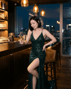 Luna Maxi Dress by Lauven, deep green velvet sequin gown with thigh-high slit, perfect for elegant evening events.