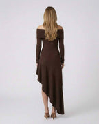 Luna Maxi Dress by Lauven, an elegant off-shoulder cotton blend midi dress in solid chocolate brown.