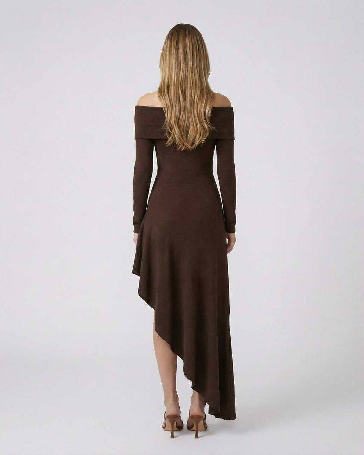 Luna Maxi Dress by Lauven, an elegant off-shoulder cotton blend midi dress in solid chocolate brown.