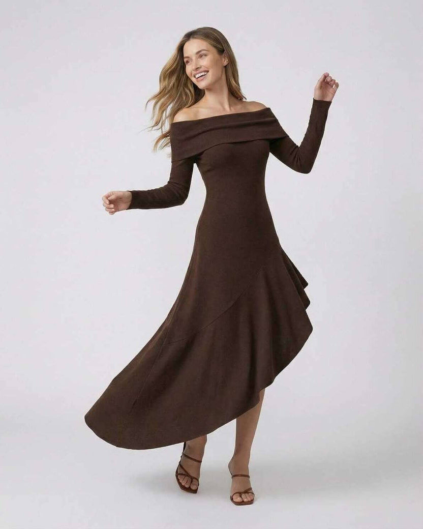 Luna Maxi Dress by Lauven - Elegant off-shoulder brown midi dress with ruffle detailing.