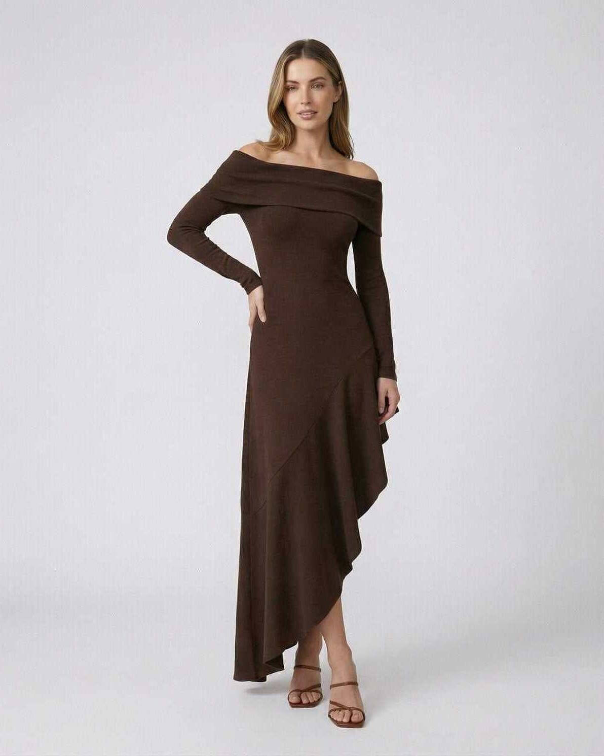 Lauven Luna Maxi Dress in chocolate brown, elegant off-shoulder midi dress with ruffle detailing and irregular hem.