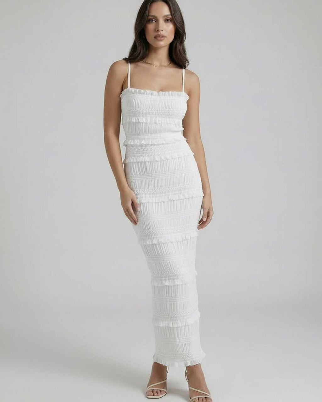 Luna Maxi Dress by Lauven - Elegant white sheath silhouette with spaghetti straps and textured pleating details.