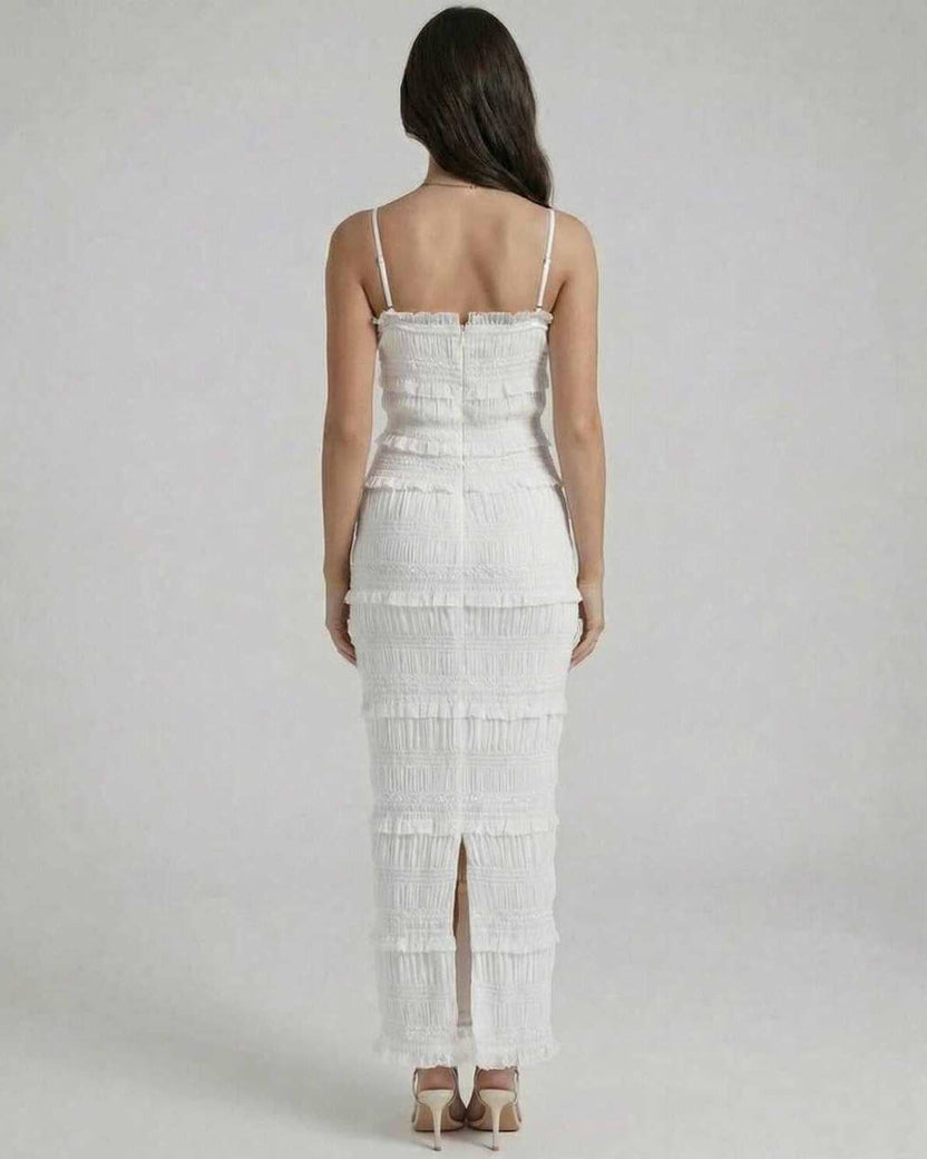 Luna Maxi Dress by Lauven, showcasing a sleek sheath silhouette in crisp white from the back.