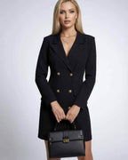 Luna Mini Dress by Lauven - Black double-breasted blazer dress with gold-tone buttons and V-neckline.
