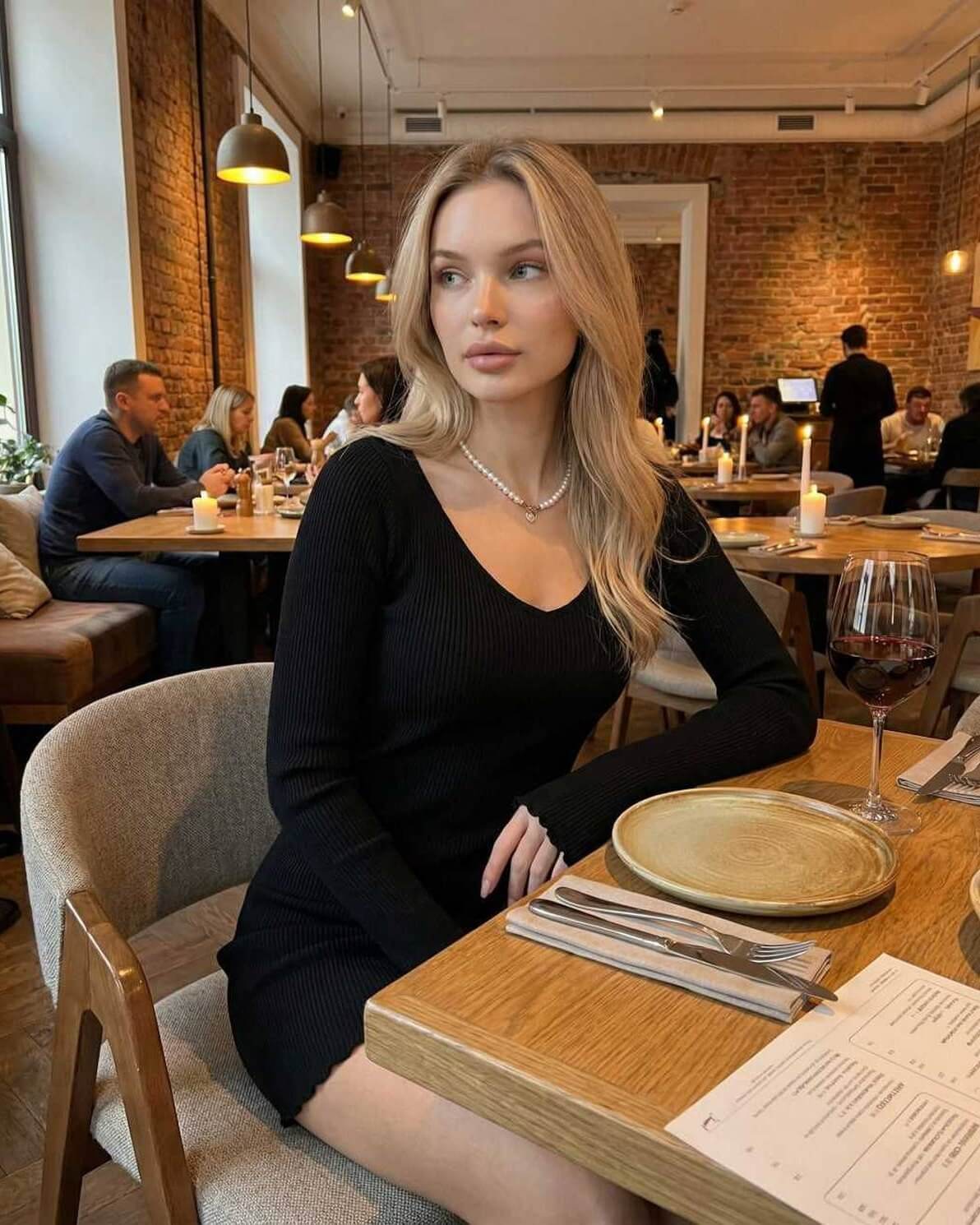 Model wearing the Luna Mini Dress by Lauven, a sleek black ribbed knit long sleeve dress in a restaurant setting.