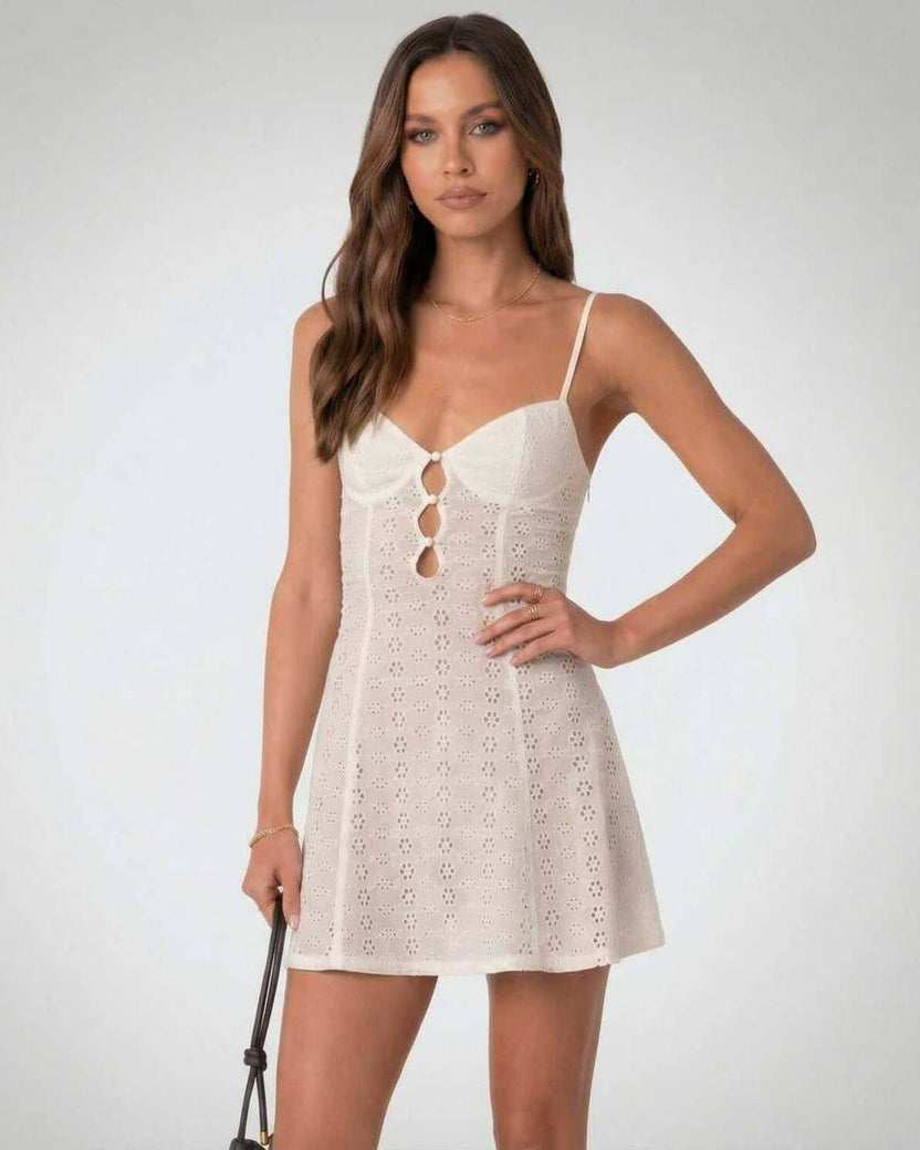 Lauven Luna Mini Dress - Elegant A-Line Spaghetti Strap Dress with Hollow Out Detail in White