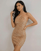 Luna Mini Dress by Lauven in shimmering gold sequin, featuring a halter neck design and structured silhouette.